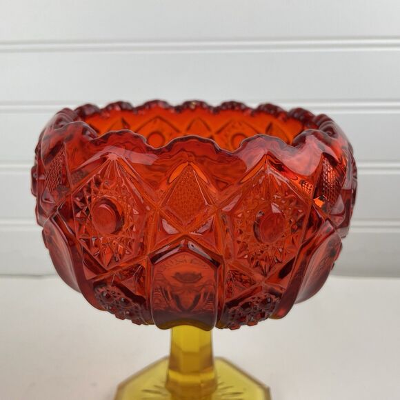 VTG Ruby Red Amberina Yellow Pressed Glass Pedestal Compote Candy Dish Scalloped - Picture 3 of 10